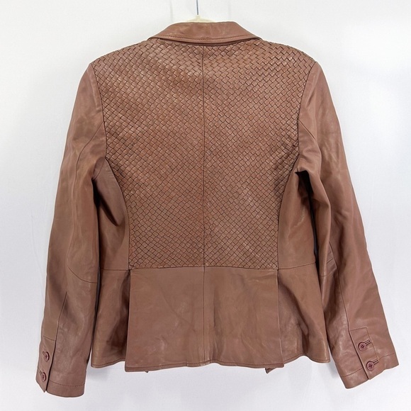 REISS Tan Leather Blazer Jacket Basketweave Textured size medium - Picture 2 of 9